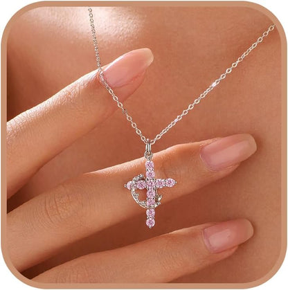 925 Sterling Silver Cross with Crown Necklace for Women Crucifix Jesus Christian Necklace Dainty 14K Gold Plated Cubic Zirconia Necklace Religious Faith Jewelry Birthday Christian Graduation Gifts