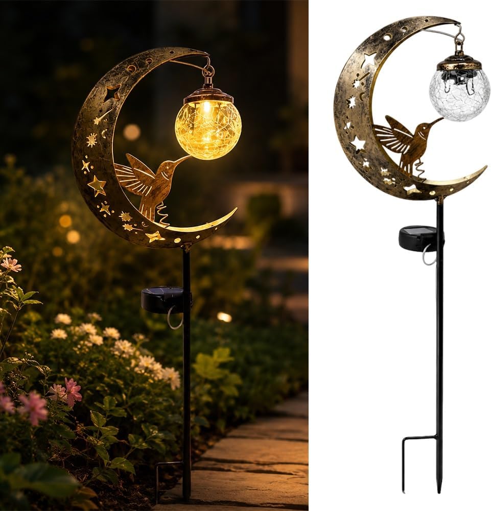 Hummingbird Moon Solar Garden Stake Light Waterproof Half Moon LED Pathway Decor Crackle Hanging Glass Globe Ball Metal Crescent for Outside Yard Patio Lawn Outdoor Decor