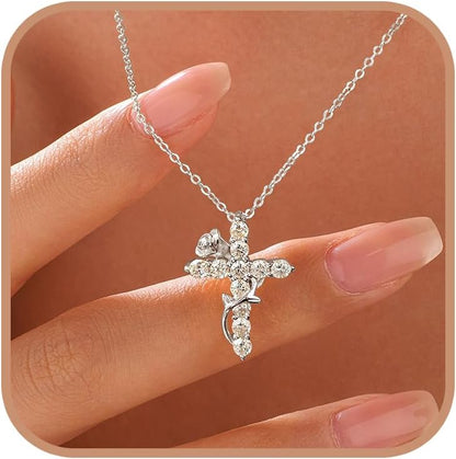 925 Sterling Silver Cross with Crown Necklace for Women Crucifix Jesus Christian Necklace Dainty 14K Gold Plated Cubic Zirconia Necklace Religious Faith Jewelry Birthday Christian Graduation Gifts