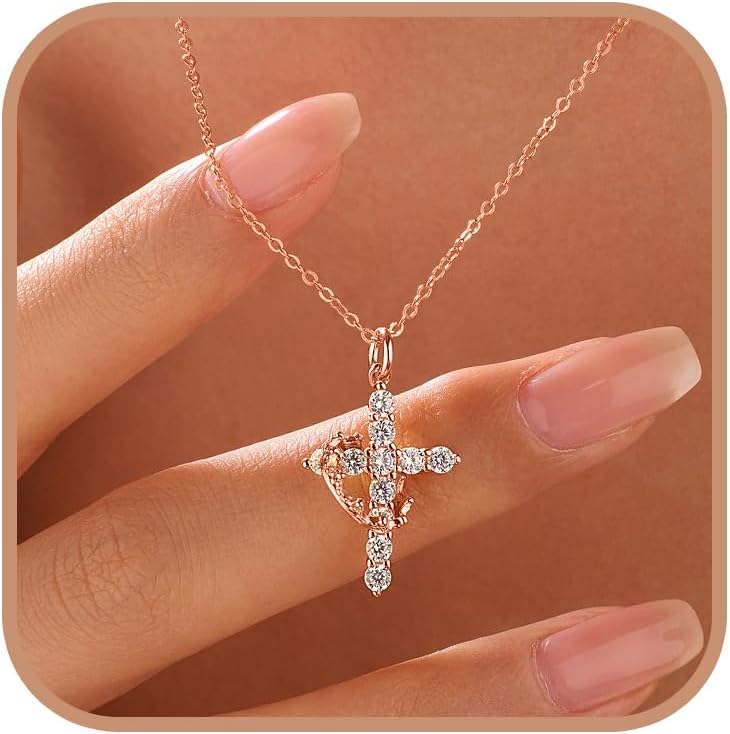 925 Sterling Silver Cross with Crown Necklace for Women Crucifix Jesus Christian Necklace Dainty 14K Gold Plated Cubic Zirconia Necklace Religious Faith Jewelry Birthday Christian Graduation Gifts