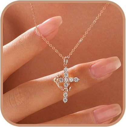 925 Sterling Silver Cross with Crown Necklace for Women Crucifix Jesus Christian Necklace Dainty 14K Gold Plated Cubic Zirconia Necklace Religious Faith Jewelry Birthday Christian Graduation Gifts