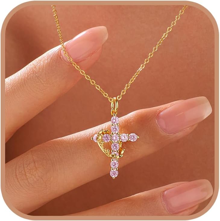 925 Sterling Silver Cross with Crown Necklace for Women Crucifix Jesus Christian Necklace Dainty 14K Gold Plated Cubic Zirconia Necklace Religious Faith Jewelry Birthday Christian Graduation Gifts
