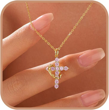 925 Sterling Silver Cross with Crown Necklace for Women Crucifix Jesus Christian Necklace Dainty 14K Gold Plated Cubic Zirconia Necklace Religious Faith Jewelry Birthday Christian Graduation Gifts
