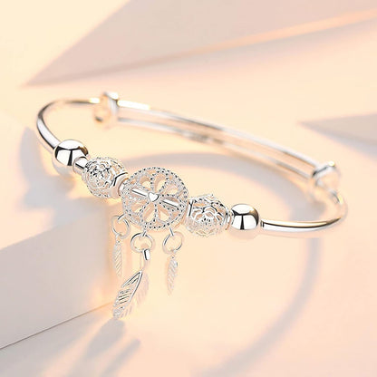 Silver Dream Catcher Tassel Feather Charm Bracelet Bangle Adjustable Mother's Day Jewelry Gift Birthday Christmas Gifts for Women Mom Wife