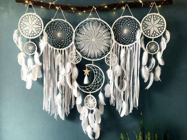 5 Pack Moon Phase Dreamcatcher Set Boho Wall Decor, Boho Macrame Wall Hanging Dream Catchers, for Home, Bedroom, Living Room, Witchy Gifts (Camel)