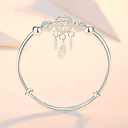 Silver Dream Catcher Tassel Feather Charm Bracelet Bangle Adjustable Mother's Day Jewelry Gift Birthday Christmas Gifts for Women Mom Wife