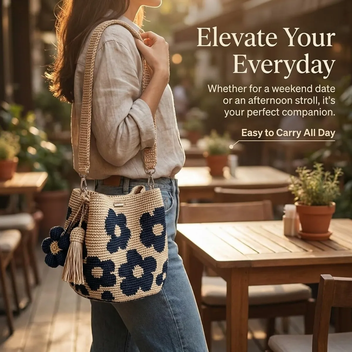 Handmade Woven Handbags with Flower Charm, Crochet Bucket Bag for Women, Casual Knit Shoulder Purse for Daily Use, Travel, Beach