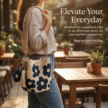 Handmade Woven Handbags with Flower Charm, Crochet Bucket Bag for Women, Casual Knit Shoulder Purse for Daily Use, Travel, Beach
