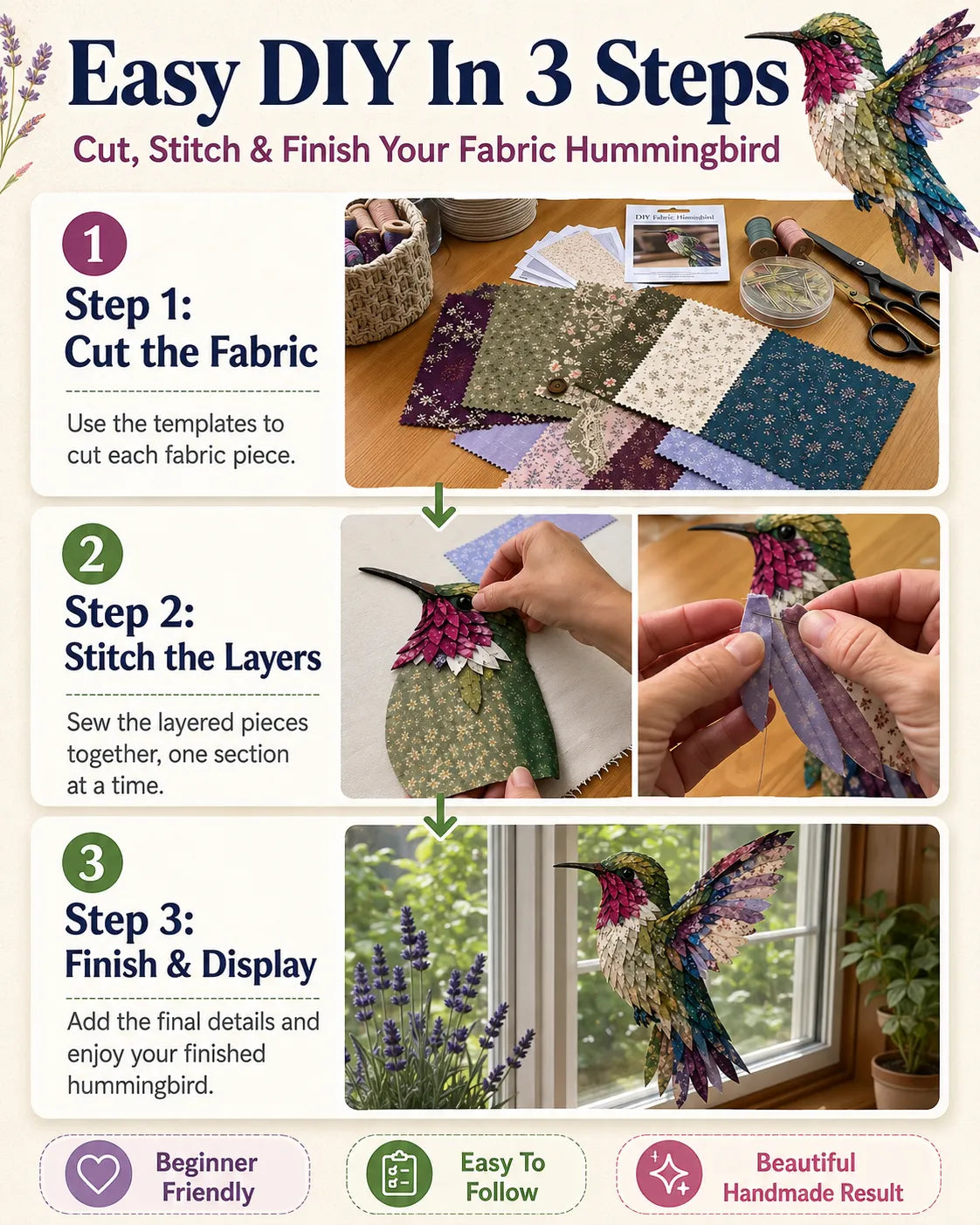 ✨ 3D Patchwork Bird DIY Craft Kit – Create a Layered Fabric Bird Worth Displaying 🐦💕Beginner Friendly