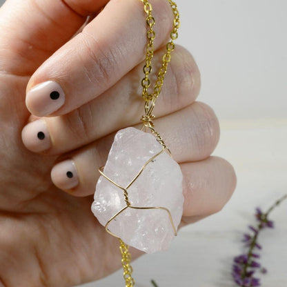 Raw Rose Quartz Golden Wire Necklace