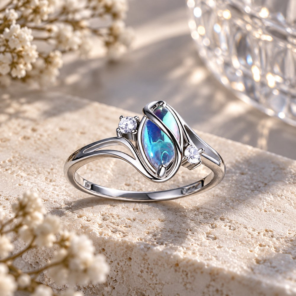 Marquise Cut Moonstone Sterling Silver Romantic 3-Stone Engagement Ring