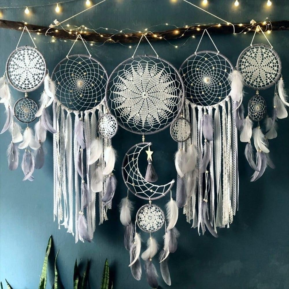 5 Pack Moon Phase Dreamcatcher Set Boho Wall Decor, Boho Macrame Wall Hanging Dream Catchers, for Home, Bedroom, Living Room, Witchy Gifts (Camel)