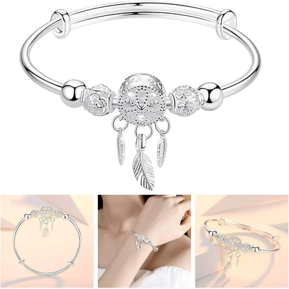 Silver Dream Catcher Tassel Feather Charm Bracelet Bangle Adjustable Mother's Day Jewelry Gift Birthday Christmas Gifts for Women Mom Wife