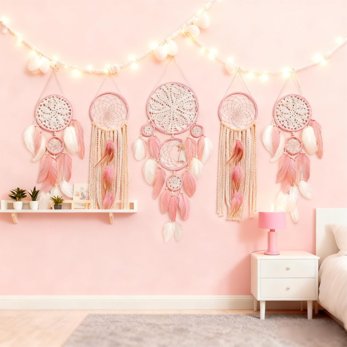 5 Pack Moon Phase Dreamcatcher Set Boho Wall Decor, Boho Macrame Wall Hanging Dream Catchers, for Home, Bedroom, Living Room, Witchy Gifts (Camel)