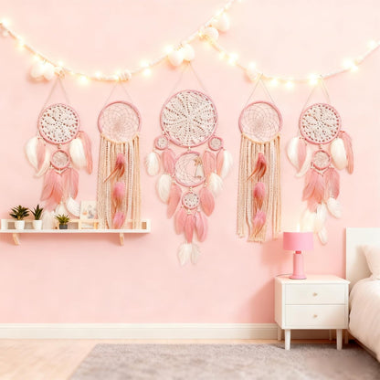 5 Pack Moon Phase Dreamcatcher Set Boho Wall Decor, Boho Macrame Wall Hanging Dream Catchers, for Home, Bedroom, Living Room, Witchy Gifts (Camel)