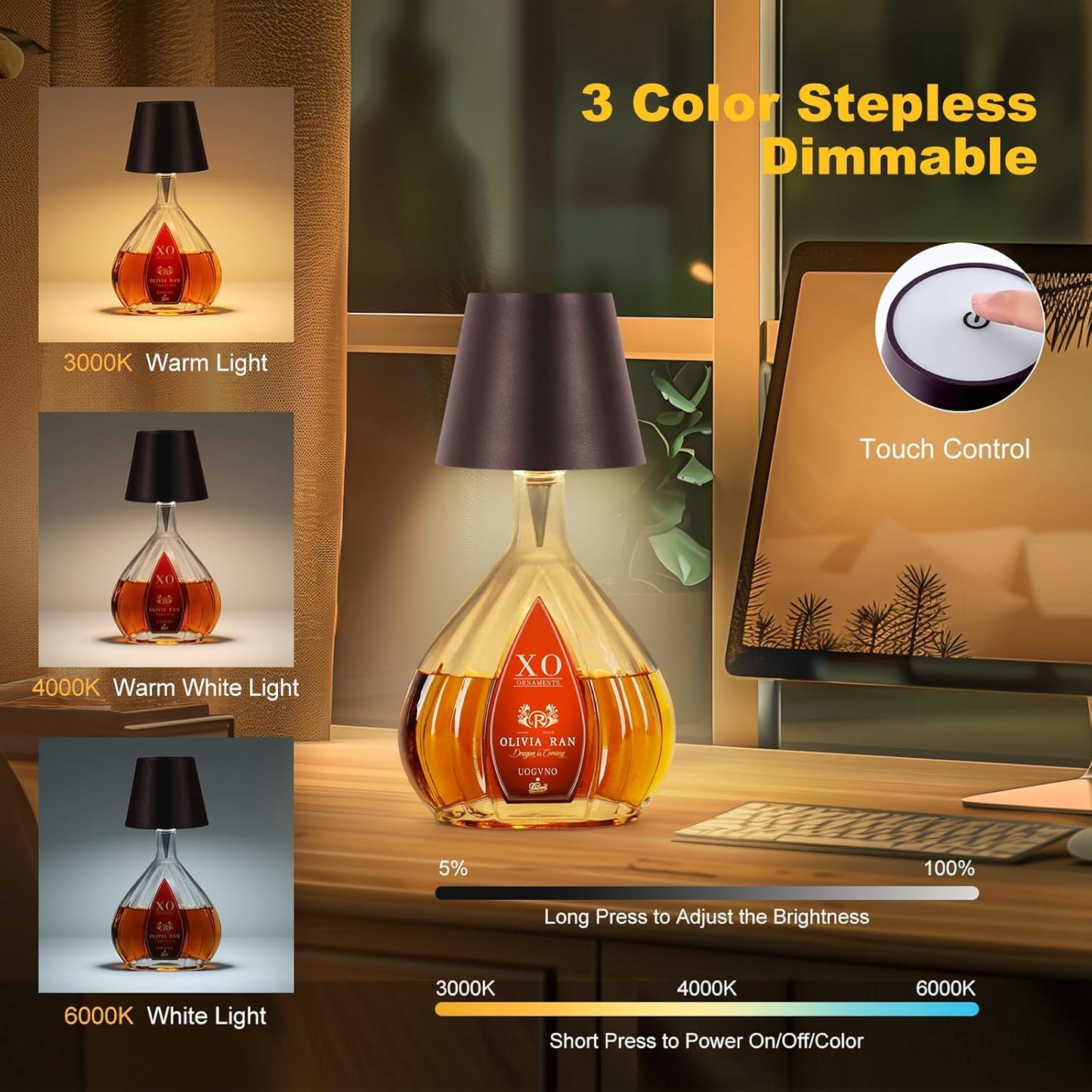 Wireless Bottle Lamp, New 3 Color Rechargeable Wine Bottle Lights for Bars Restaurants (White, 1pc)