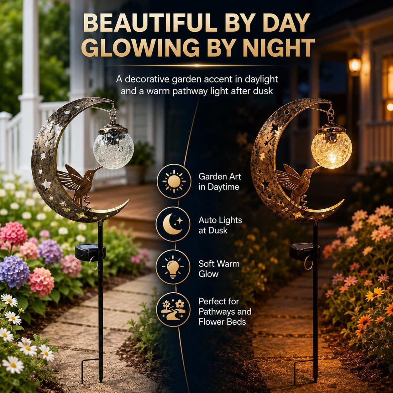 Hummingbird Moon Solar Garden Stake Light Waterproof Half Moon LED Pathway Decor Crackle Hanging Glass Globe Ball Metal Crescent for Outside Yard Patio Lawn Outdoor Decor