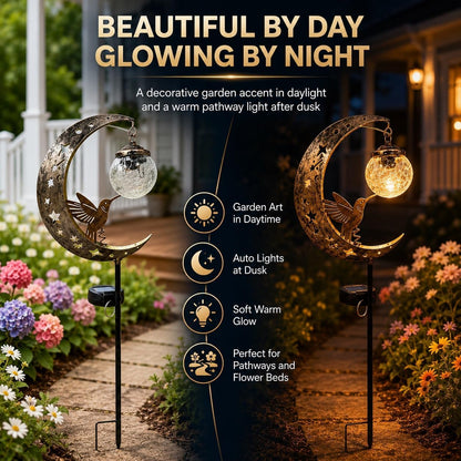 Hummingbird Moon Solar Garden Stake Light Waterproof Half Moon LED Pathway Decor Crackle Hanging Glass Globe Ball Metal Crescent for Outside Yard Patio Lawn Outdoor Decor
