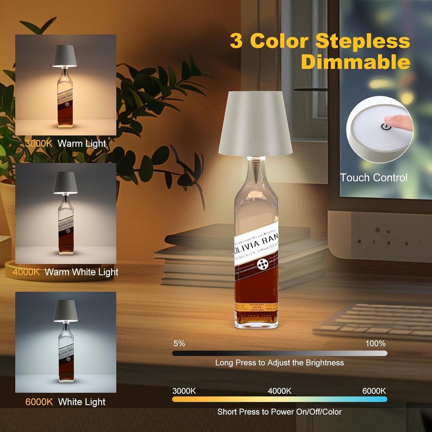 Wireless Bottle Lamp, New 3 Color Rechargeable Wine Bottle Lights for Bars Restaurants (White, 1pc)