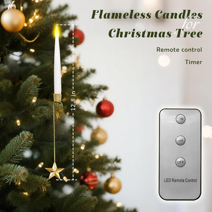 Christmas Tree Candles, 10 Pack Flameless Taper Candles for Christmas Tree Decor, Fake LED Candle Battery Operated with Remote for Xmas Wedding Home Gift with Crystal Ball Hook