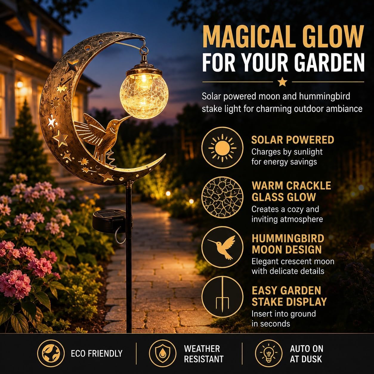 Hummingbird Moon Solar Garden Stake Light Waterproof Half Moon LED Pathway Decor Crackle Hanging Glass Globe Ball Metal Crescent for Outside Yard Patio Lawn Outdoor Decor