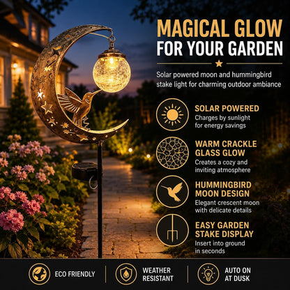 Hummingbird Moon Solar Garden Stake Light Waterproof Half Moon LED Pathway Decor Crackle Hanging Glass Globe Ball Metal Crescent for Outside Yard Patio Lawn Outdoor Decor