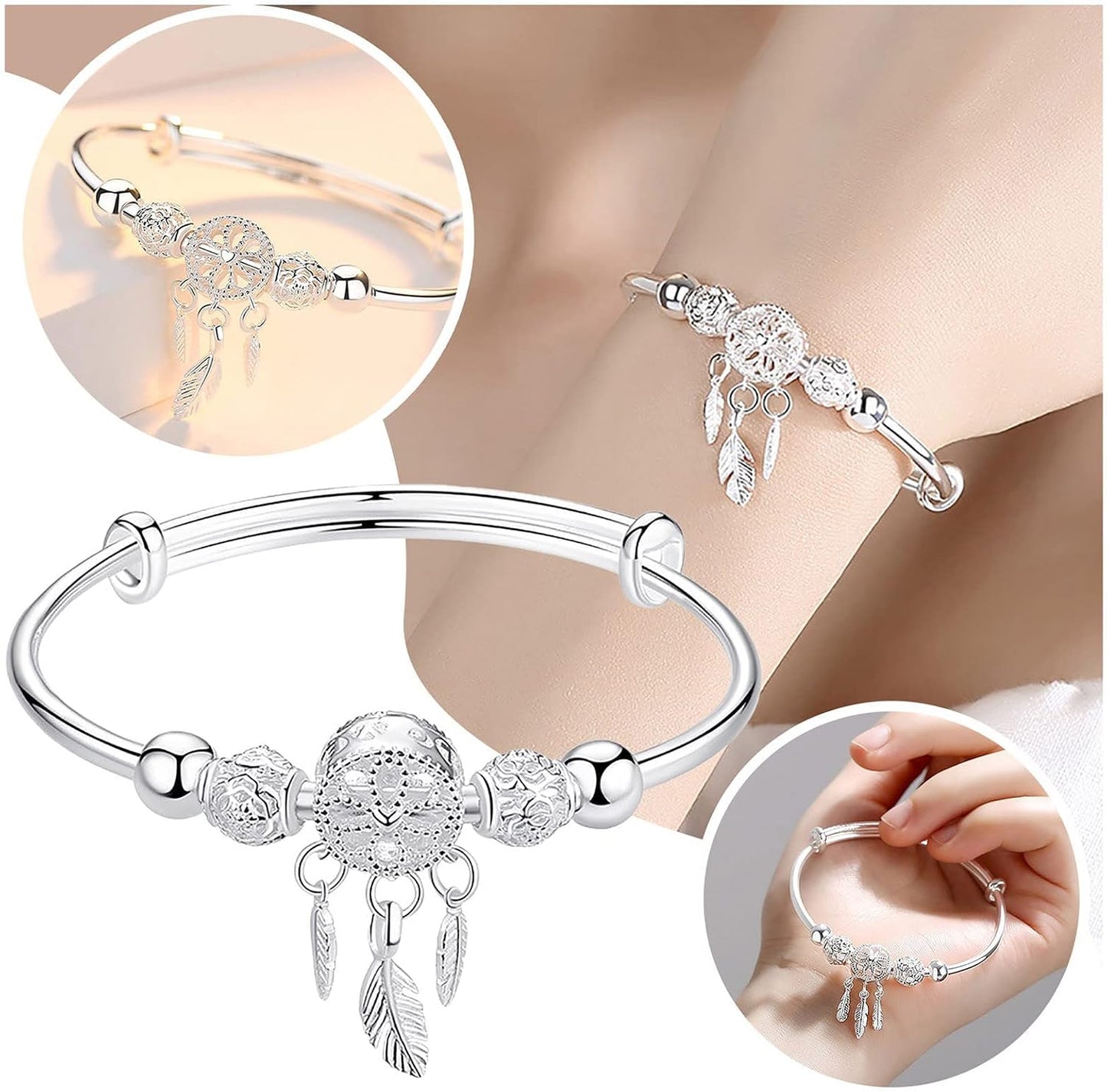 Silver Dream Catcher Tassel Feather Charm Bracelet Bangle Adjustable Mother's Day Jewelry Gift Birthday Christmas Gifts for Women Mom Wife