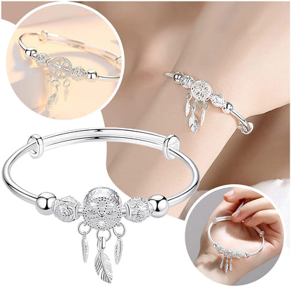 Silver Dream Catcher Tassel Feather Charm Bracelet Bangle Adjustable Mother's Day Jewelry Gift Birthday Christmas Gifts for Women Mom Wife