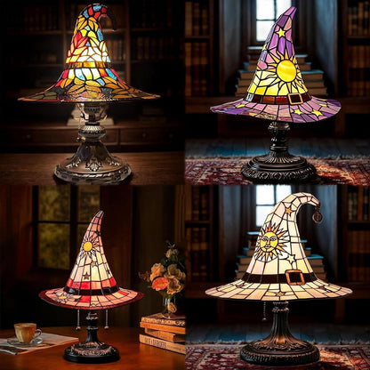 Witch Hat Lamp,Handcrafted Stained Gothic Wizard Hat Lights,Small Wizard Spooky Fun,Mystical Witch Table Lamp for Indoor Party Home Dector (Colorful, 11.8 in)