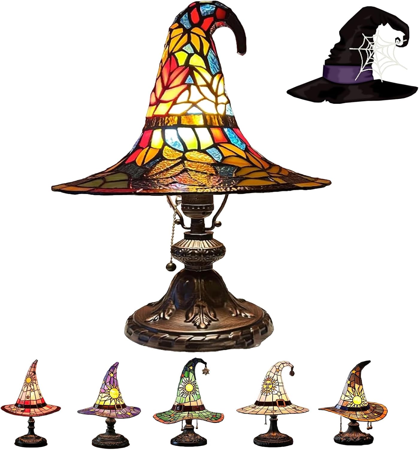 Witch Hat Lamp,Handcrafted Stained Gothic Wizard Hat Lights,Small Wizard Spooky Fun,Mystical Witch Table Lamp for Indoor Party Home Dector (Colorful, 11.8 in)