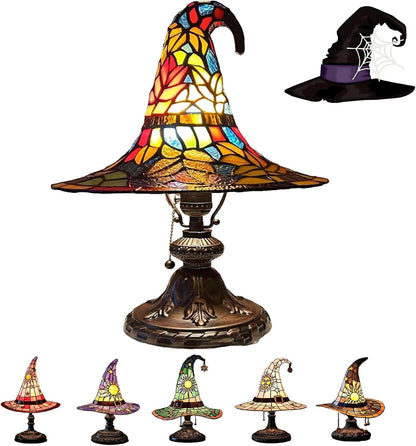 Witch Hat Lamp,Handcrafted Stained Gothic Wizard Hat Lights,Small Wizard Spooky Fun,Mystical Witch Table Lamp for Indoor Party Home Dector (Colorful, 11.8 in)