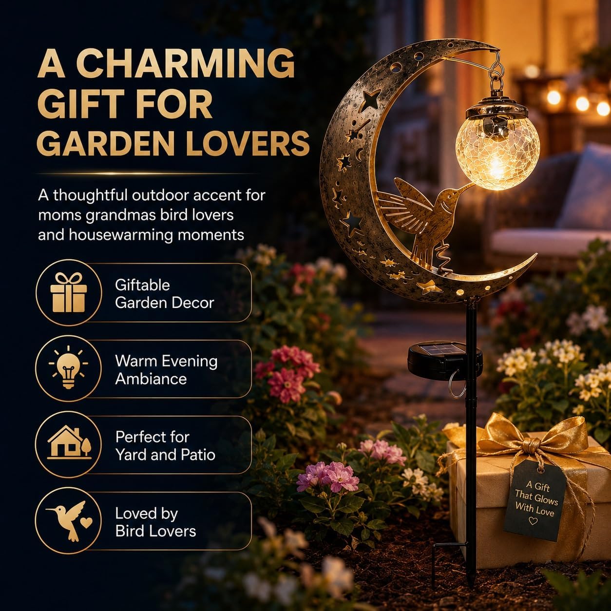 Hummingbird Moon Solar Garden Stake Light Waterproof Half Moon LED Pathway Decor Crackle Hanging Glass Globe Ball Metal Crescent for Outside Yard Patio Lawn Outdoor Decor