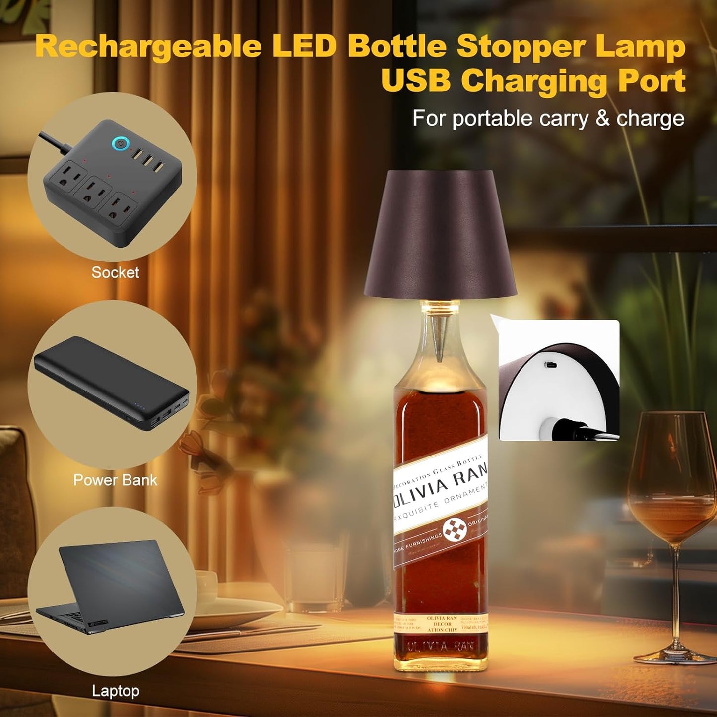 Wireless Bottle Lamp, New 3 Color Rechargeable Wine Bottle Lights for Bars Restaurants (White, 1pc)