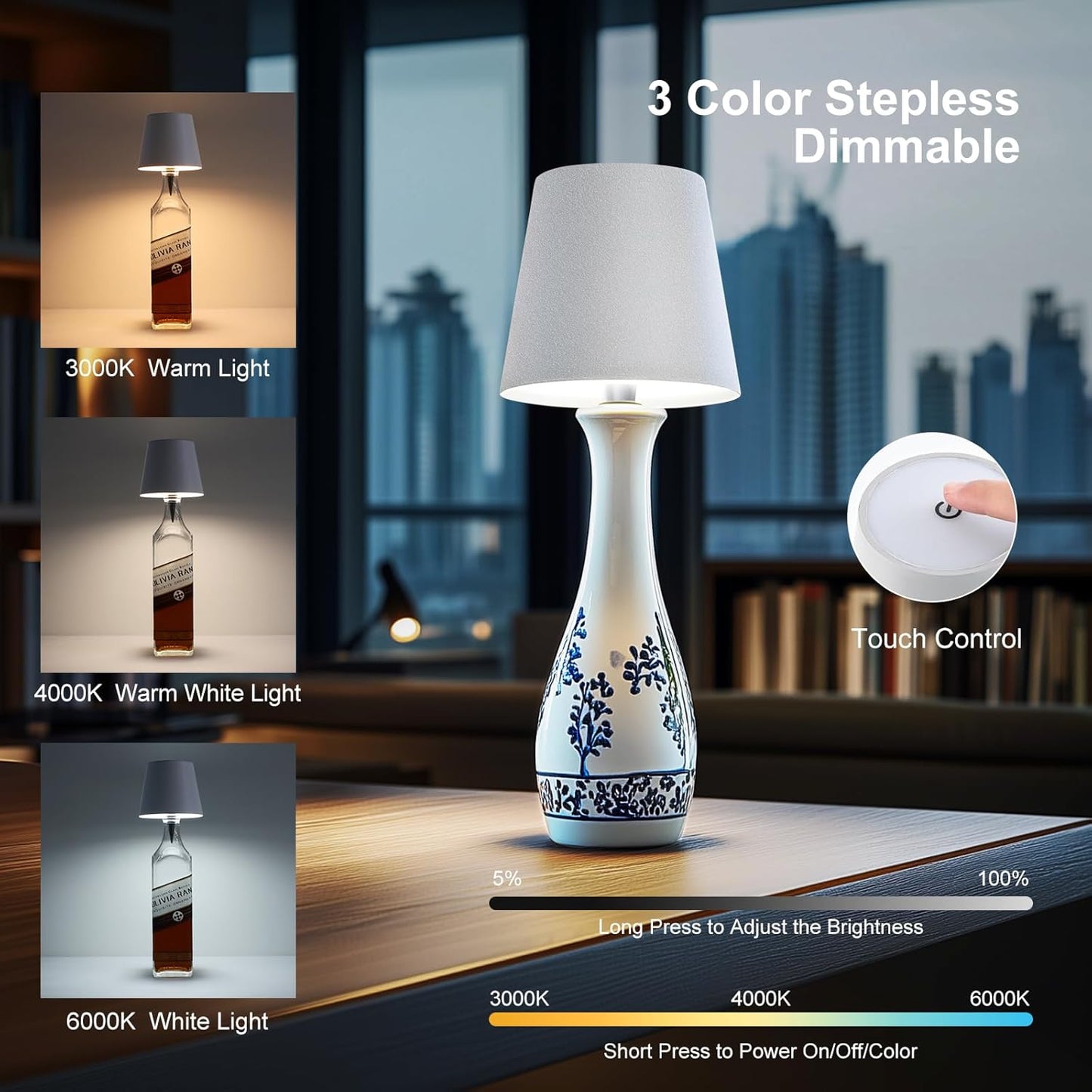 Wireless Bottle Lamp, New 3 Color Rechargeable Wine Bottle Lights for Bars Restaurants (White, 1pc)