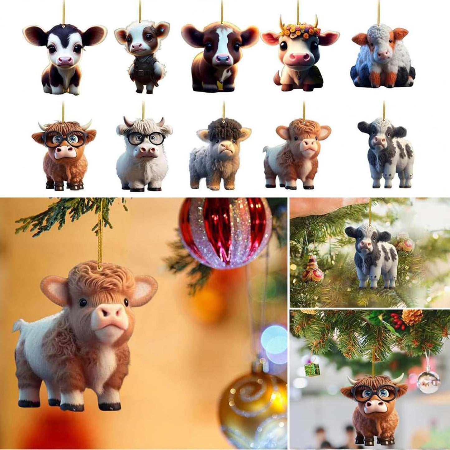 Cartoon Cattle Cow Decorative Hanging Ornament Cute Car Pendant Acrylic Cow Pendants Tree Ornament Decorations for Cars Backpacks Home Tree Windows Walk Decor(H-NO.9)