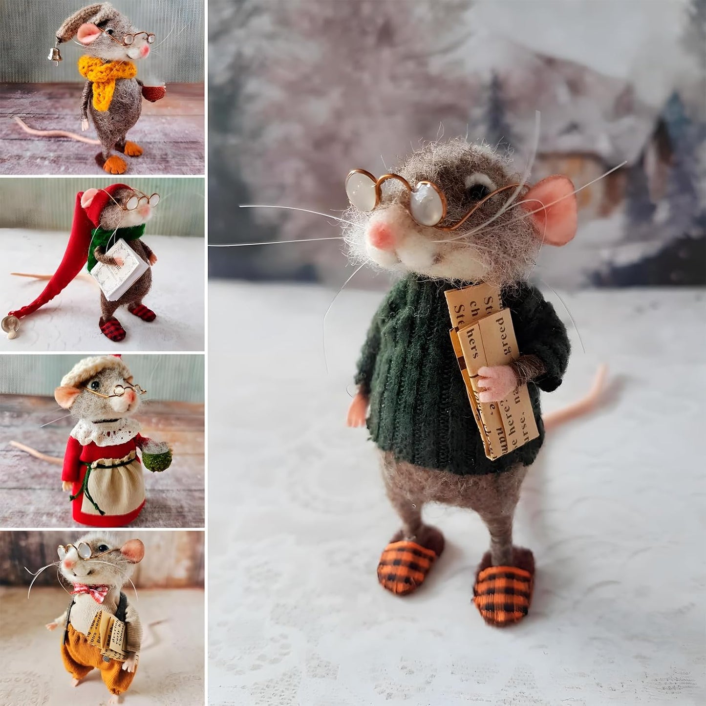 Christmas Needle Felted Mouse, Cute Handmade Wool Felt Mouse Ornament, Felt Mice Figurine for Holiday Christmas Decor, Needle Felted Christmas Mouse Doll Festival Decorations (5 Set)