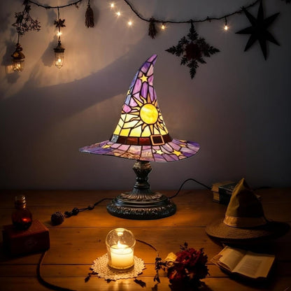 Witch Hat Lamp,Handcrafted Stained Gothic Wizard Hat Lights,Small Wizard Spooky Fun,Mystical Witch Table Lamp for Indoor Party Home Dector (Colorful, 11.8 in)