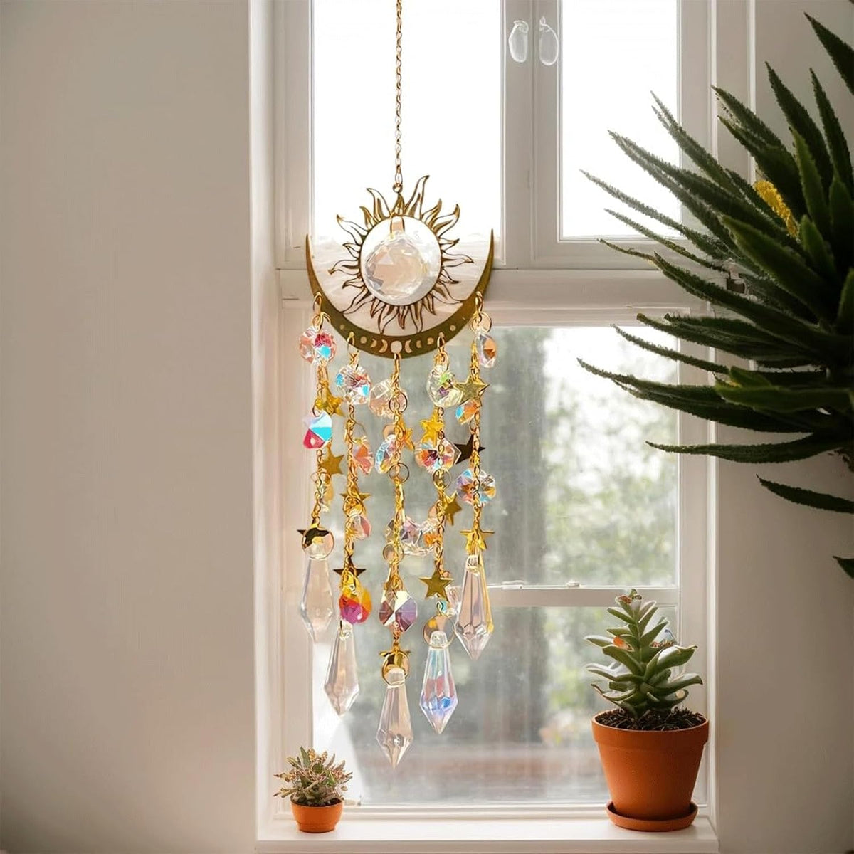 Crystal Sun & Moon Suncatcher – Rainbow Window Hanging Decor
