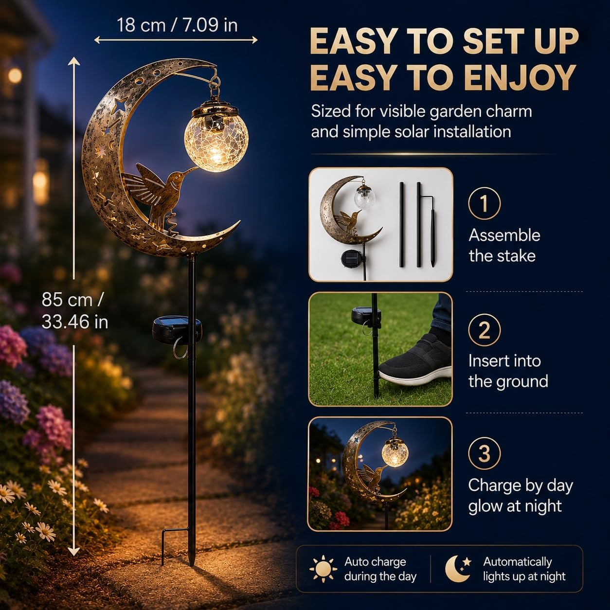 Hummingbird Moon Solar Garden Stake Light Waterproof Half Moon LED Pathway Decor Crackle Hanging Glass Globe Ball Metal Crescent for Outside Yard Patio Lawn Outdoor Decor