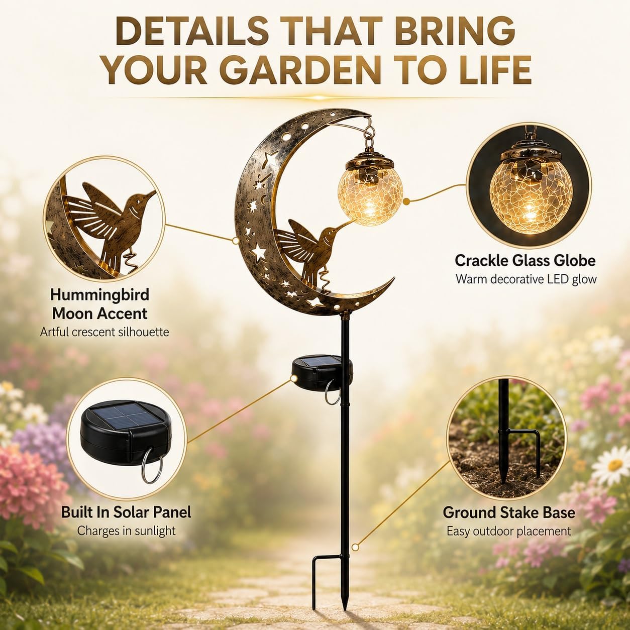 Hummingbird Moon Solar Garden Stake Light Waterproof Half Moon LED Pathway Decor Crackle Hanging Glass Globe Ball Metal Crescent for Outside Yard Patio Lawn Outdoor Decor
