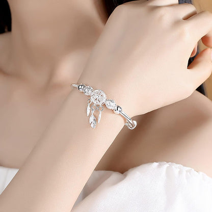 Silver Dream Catcher Tassel Feather Charm Bracelet Bangle Adjustable Mother's Day Jewelry Gift Birthday Christmas Gifts for Women Mom Wife