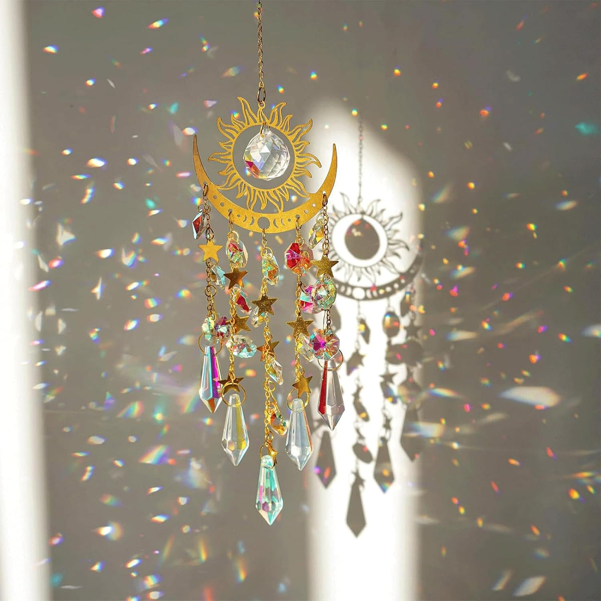 Crystal Sun & Moon Suncatcher – Rainbow Window Hanging Decor