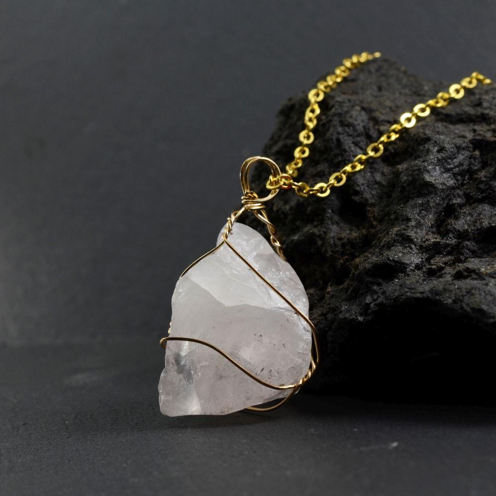 Raw Rose Quartz Golden Wire Necklace