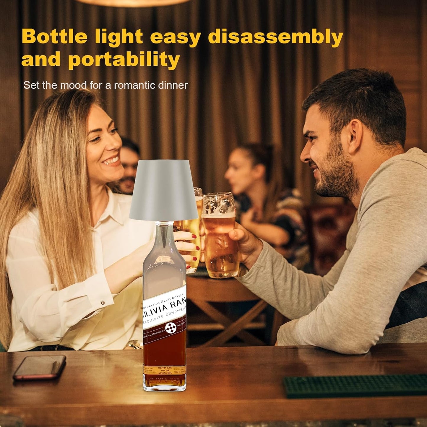 Wireless Bottle Lamp, New 3 Color Rechargeable Wine Bottle Lights for Bars Restaurants (White, 1pc)