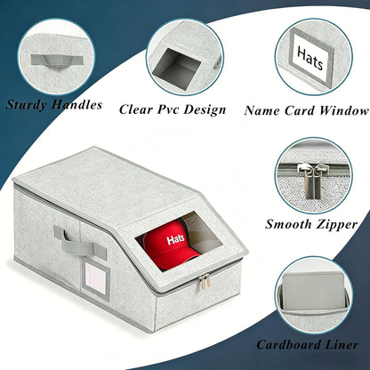 2 Pack Baseball Hat Storage Box,Hats Organizer for Baseball Caps,16.1''L x 8.6''W x 6.7''H Baseball Cap Boxes with Clear Window & Cardboard,Holds Up to 24 Caps for Women & Men,Grey