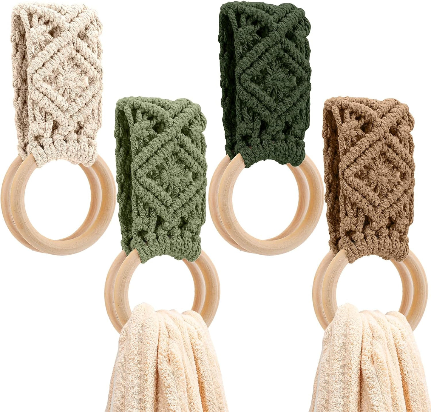 Tioncy 4 Pcs Kitchen Dish Towel Holder Gifts Boho Handmade Crochet Hanging Towels Loop Ring Knit Towel Hanger for Cabinet House Oven Stove Door, 4 Colors(Brown)