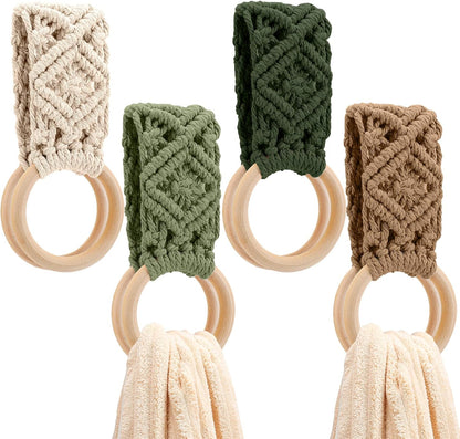 Tioncy 4 Pcs Kitchen Dish Towel Holder Gifts Boho Handmade Crochet Hanging Towels Loop Ring Knit Towel Hanger for Cabinet House Oven Stove Door, 4 Colors(Brown)