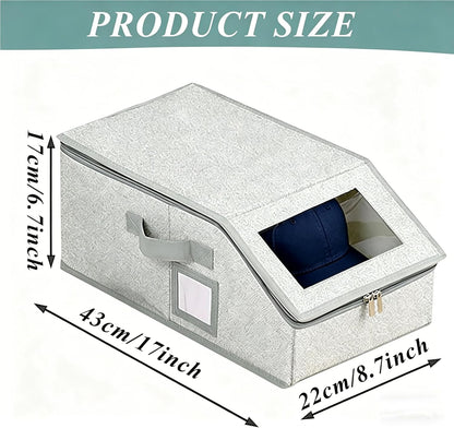 2 Pack Baseball Hat Storage Box,Hats Organizer for Baseball Caps,16.1''L x 8.6''W x 6.7''H Baseball Cap Boxes with Clear Window & Cardboard,Holds Up to 24 Caps for Women & Men,Grey