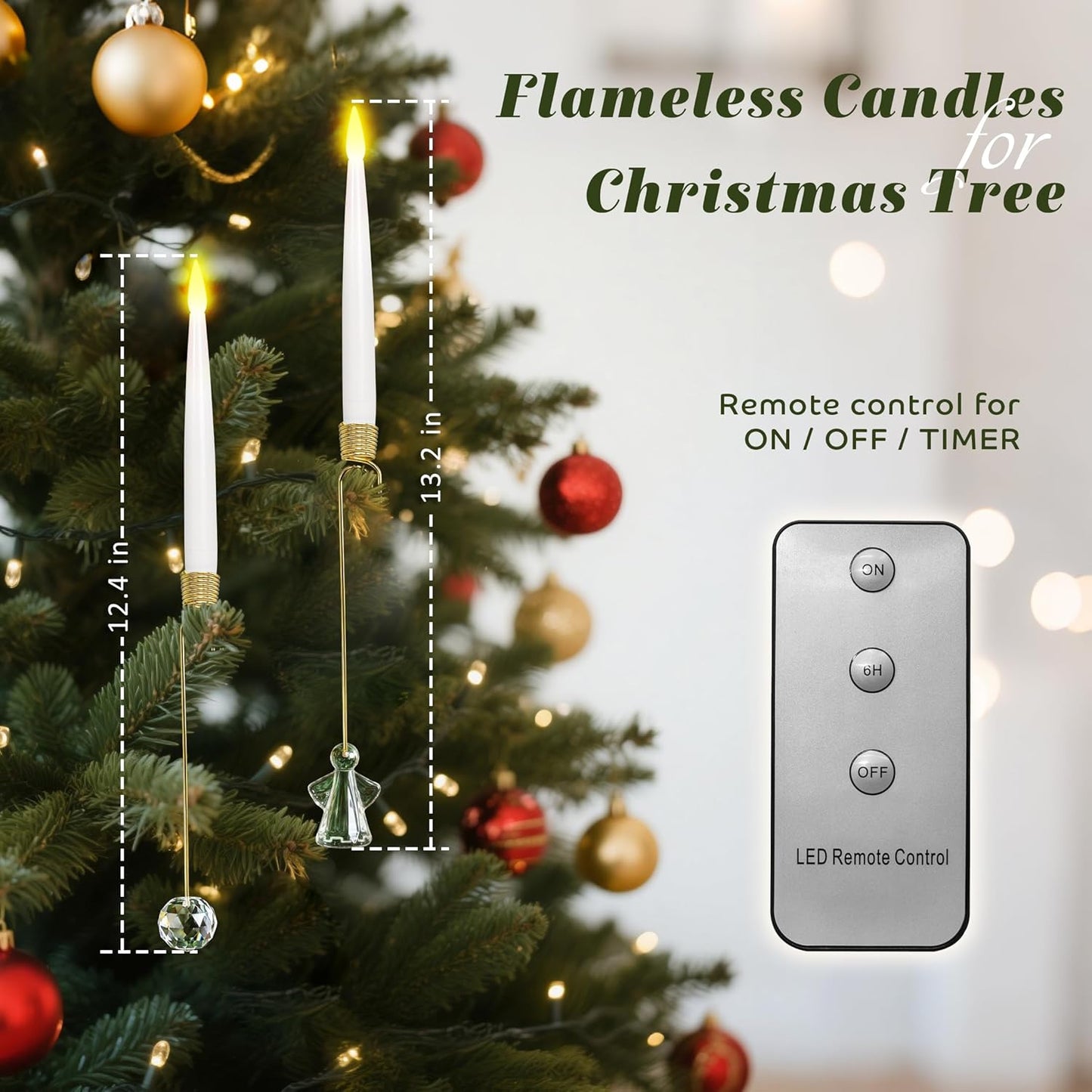 Christmas Tree Candles, 10 Pack Flameless Taper Candles for Christmas Tree Decor, Fake LED Candle Battery Operated with Remote for Xmas Wedding Home Gift with Crystal Ball Hook