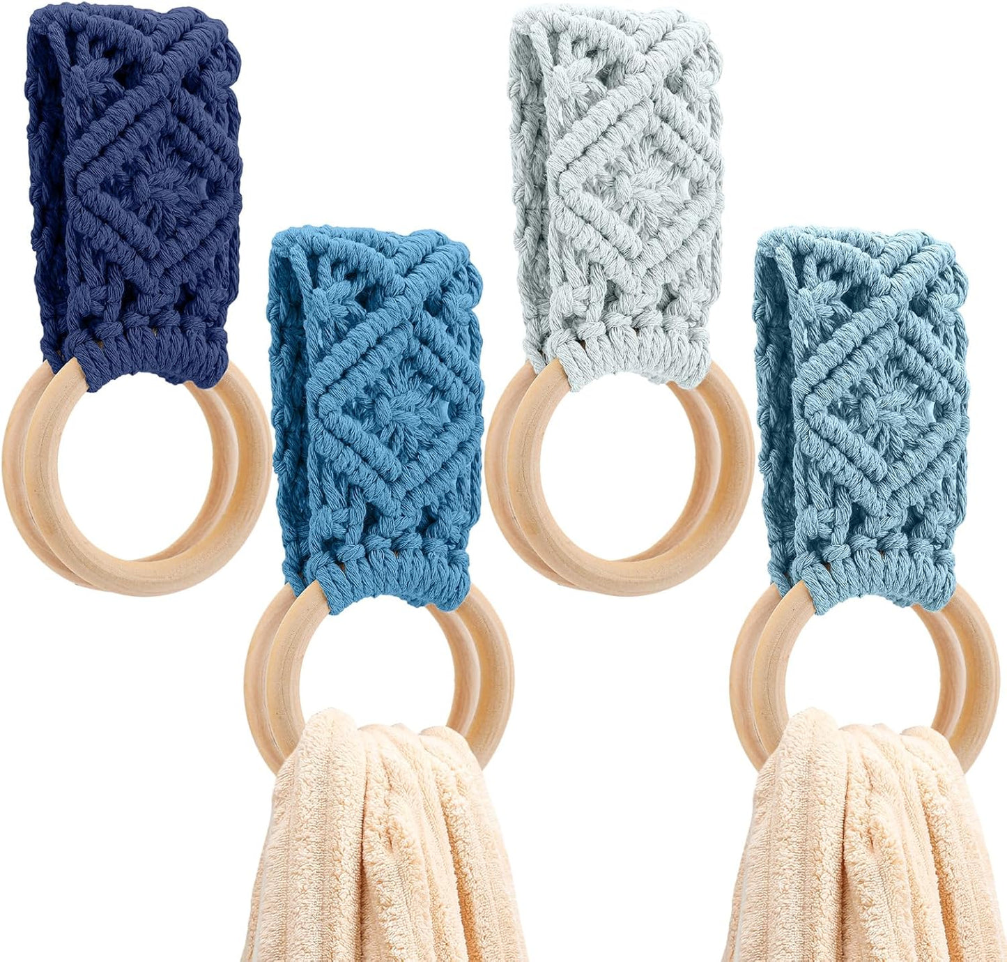 Tioncy 4 Pcs Kitchen Dish Towel Holder Gifts Boho Handmade Crochet Hanging Towels Loop Ring Knit Towel Hanger for Cabinet House Oven Stove Door, 4 Colors(Brown)